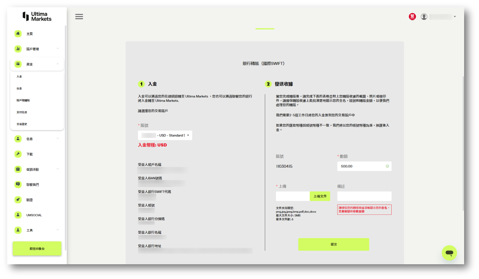 電匯入金：提交匯款請求