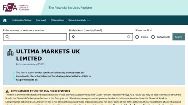 FCA官網顯示Ultima Markets獲得許可證 - ultima markets
